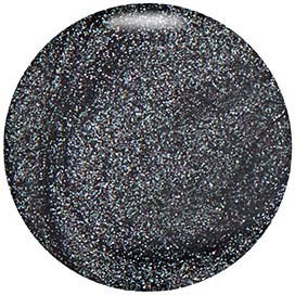 Een ronde, zwarte ondergrond bedekt met glanzende, glitterende deeltjes die licht weerkaatsen. Het lijkt op een glanzende, donkere edelsteen.