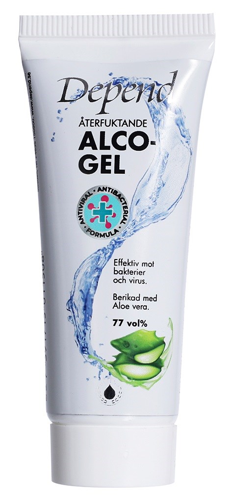 En vit tub med alkoholgel med vattentvåge, märkt för att bekämpa bakterier och virus, med aloe Vera.