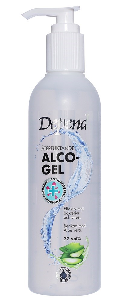 En vit flaska med pump, märkt som alkoholgel för handdesinfektion med aloe vera, 77% alkoholhalt.