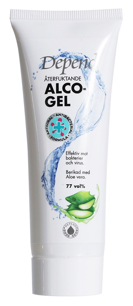 En vit tub märkt Depend Alco-Gel med blå vattenstänkdesign, aloe vera-bild och text om desinfektionsegenskaper.
