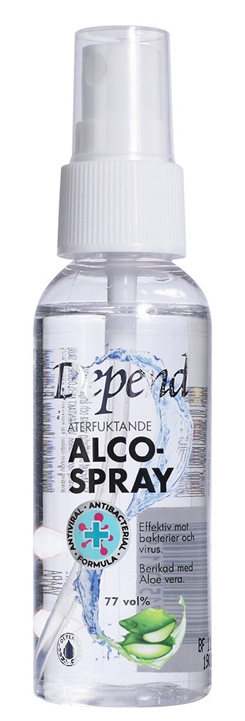 Läpinäkyvä suihkepullo, jossa lukee 'ALCO-SPRAY', valkoinen suihkuhanne ja vihreä aloe vera kuva.