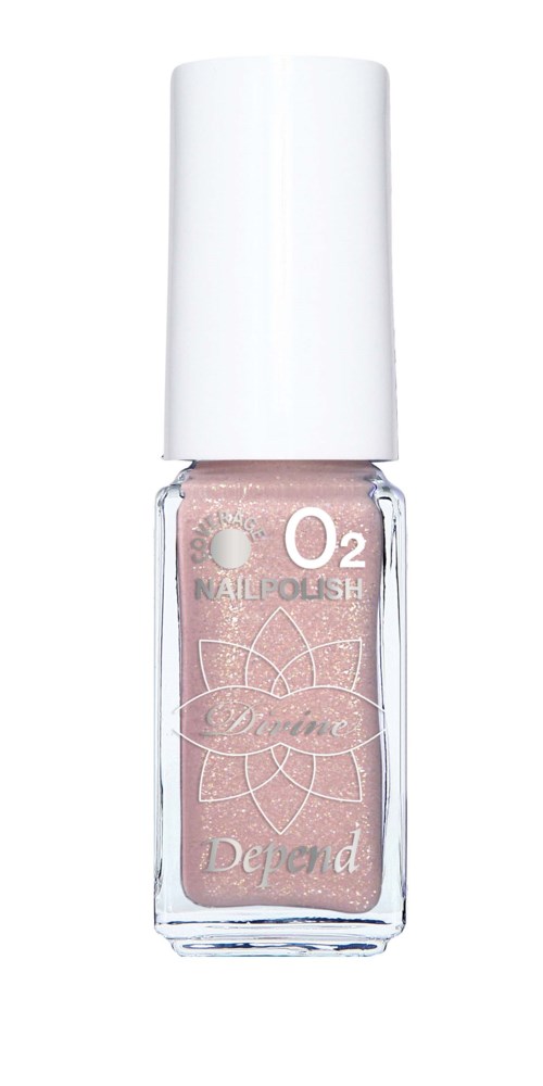 En liten flaska med rosa nagellack med vit kork. Etiketten säger "O2 Nail Polish" och "Depend."