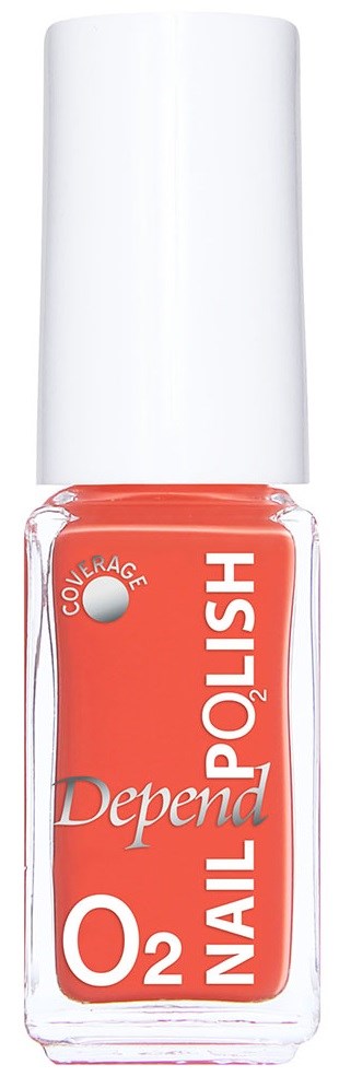 En liten flaska nagellack från Depend i korallfärg med vitt lock, märkt 'Oxygen' och 'Coverage'.
