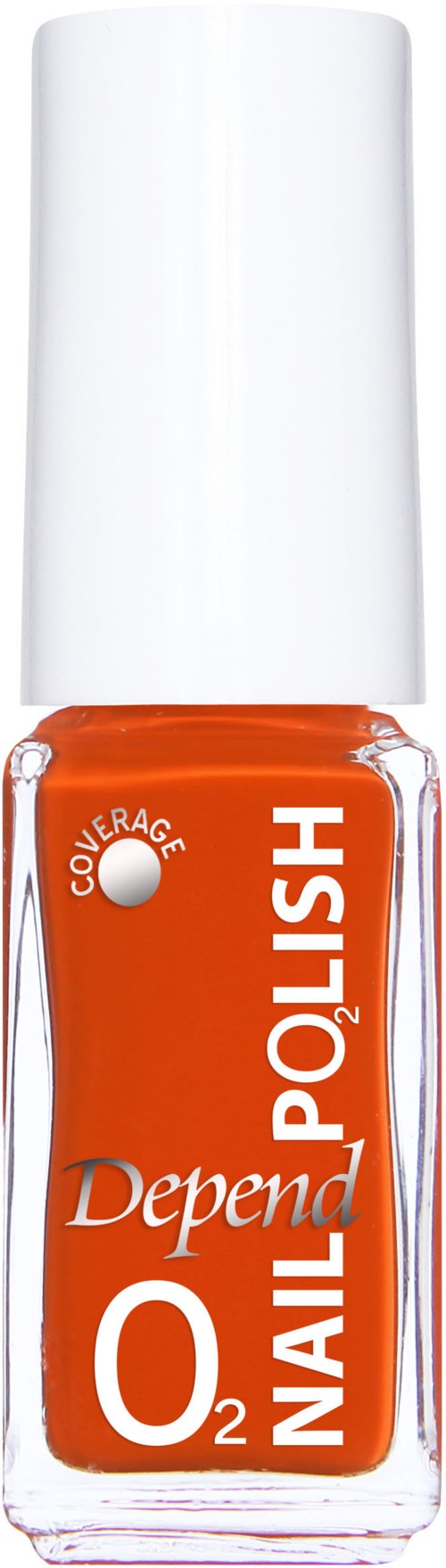 Orange nagellackflaska med vit kork, märkt 'Depend' och 'O2 Nail Polish'.