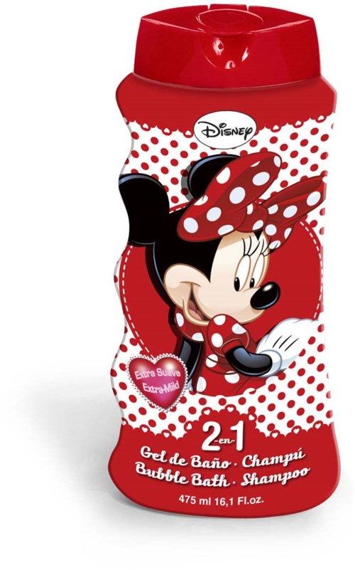 En rød Disney Mickey Mouse boblebadflaske med Minnie Mouse-tema, med prikker og Minnie som smiler.