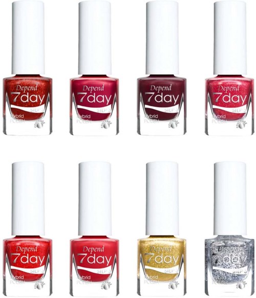 åtta nagellackflaskor i röda, rosa, guld och silverfärger, arrangerade i två rader.