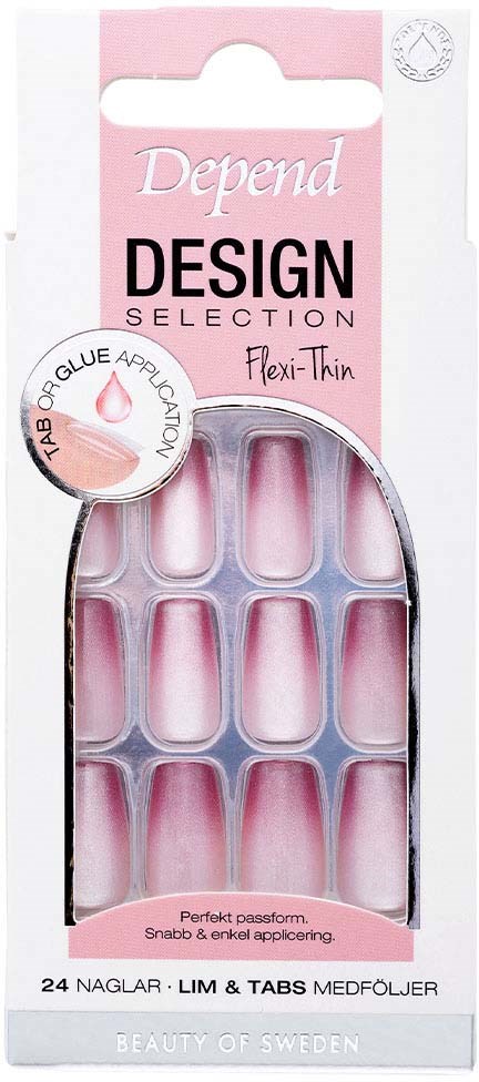 Liten pakke med rosa og hvite negler; inneholder 24 negleklips for falske negler.