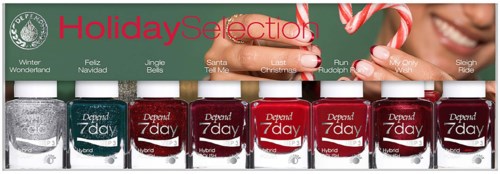 Frohe Weihnachten Nagellack-Kollektion mit Rot, Glitter und festlichen Namen auf klaren Flaschen, mit weihnachtlichen Bildern oben.