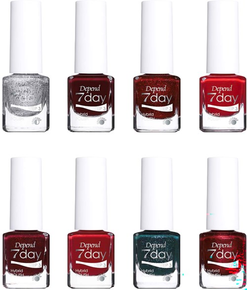 Acht Flaschen Depend 7 Day Nagellack in Silber, Rot, Dunkelrot, Türkis und anderen Farben, in zwei Reihen angeordnet.