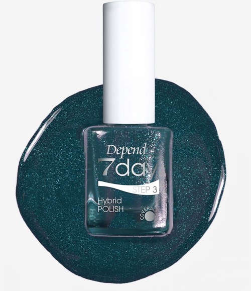 Eine Depend 7day STEP 3 Hybrid Polish Nagellackflasche auf einem funkelnden dunklen Hintergrund.