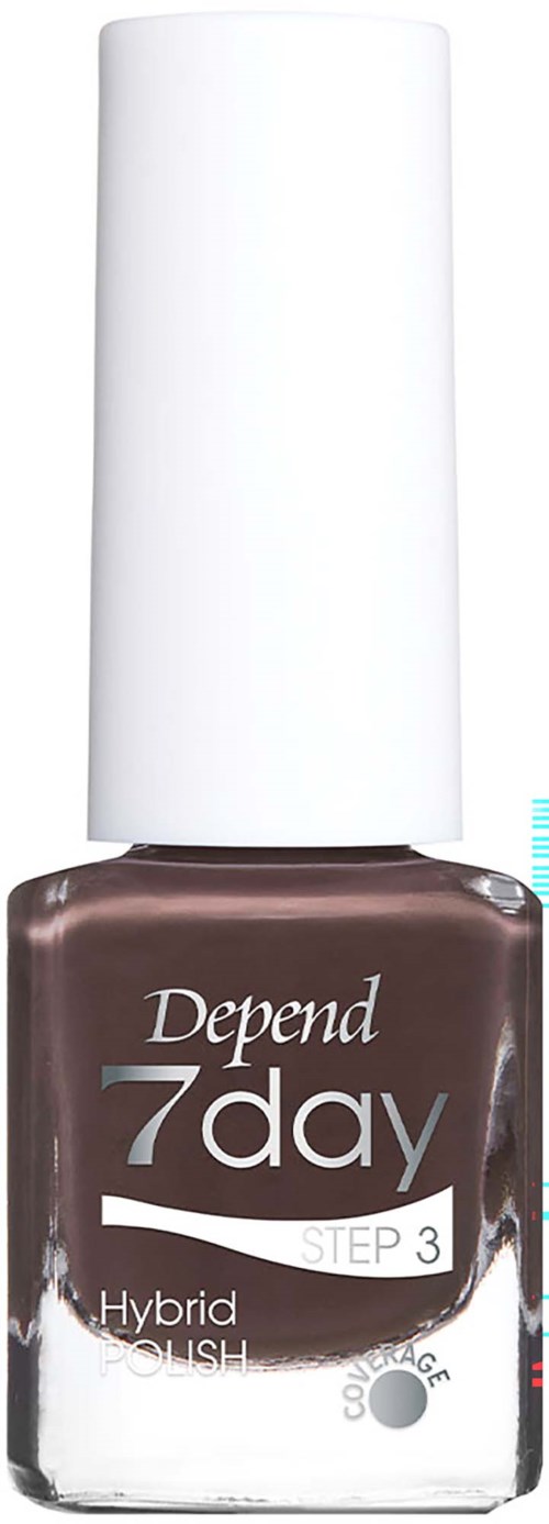 En flaske Depend 7day trin 3 hybrid neglelak i mørk brun med hvid låg.