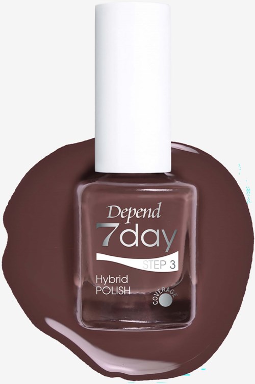En flaske Depend 7 Day Hybrid Polish neglelak i mørkbrun farve med hvid hætte, delvist spildt.