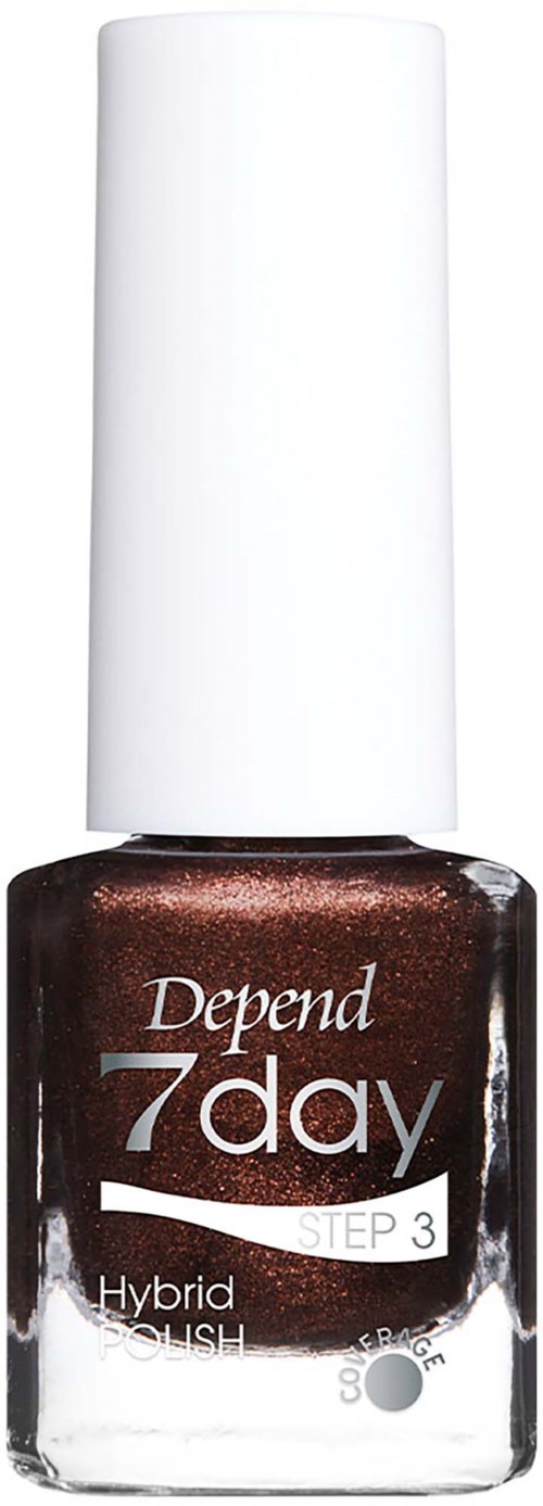 Flaske med Depend 7 Day hybrid neglelak i mørk brun med hvid låg.