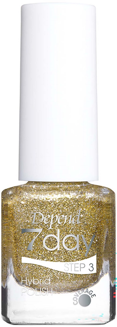 En flaske Depend 7 Day hybrid neglelak med hvid låg og guldfarvet glitter.