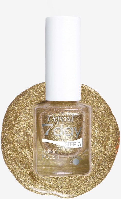 En flaske Depend 7 Day Hybrid Polish neglelak i en gennemsigtig glasflaske med guld glitrende baggrund.
