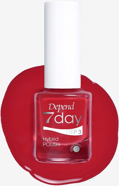 Rød neglelakflaske mærket Depend 7day Hybrid Polish Step 3. Den hviler på et rødt lag neglelak.