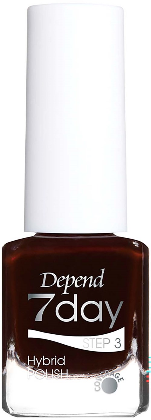 En neglelakflaske med hvid hætte og mørkebrun væske, mærket Depend 7day Step 3 hybrid polish.