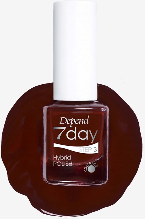 Flaske med Depend 7day Hybrid Polish neglelak med hvidlåget på en mørkebrun overflade.