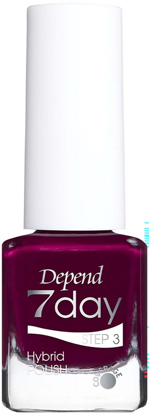 Flaske med Depend 7 Day neglelak i dyb lilla med hvid hætte, mærket som trin 3 i en gel hybrid serie.