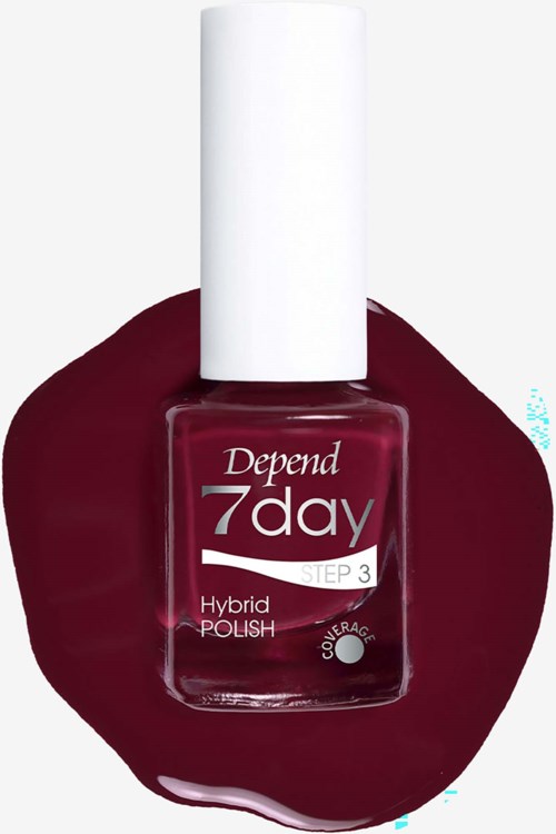 Depend 7day trin 3 Hybrid Polish neglelakflaske med hvid skruelåg, omgivet af spildt neglelak.