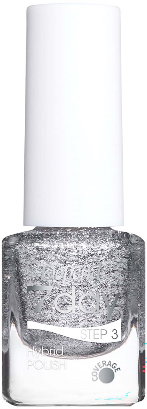 Sølvglitter neglelak i gennemsigtig flaske med hvid hætte, mærket trin 3 hybrid lak.