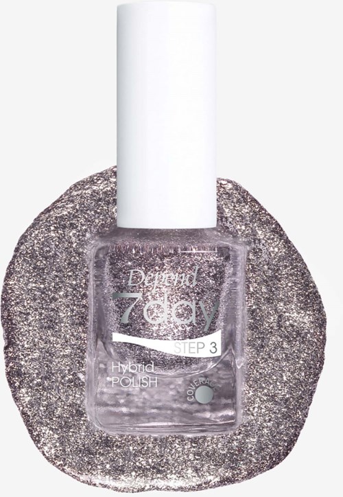 Gennemsigtig neglelakflaske mærket Diamond 76dy Step 3 med glitterbaggrund.