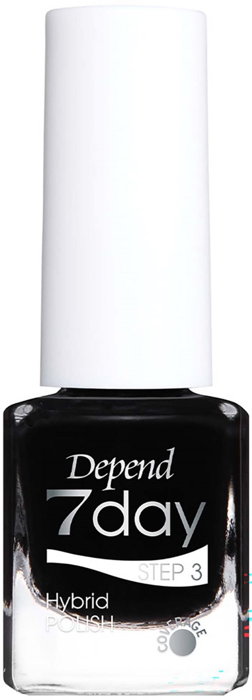 Sort Depend 7day hybrid neglelakflaske med hvid hætte, viser produktmærkat.