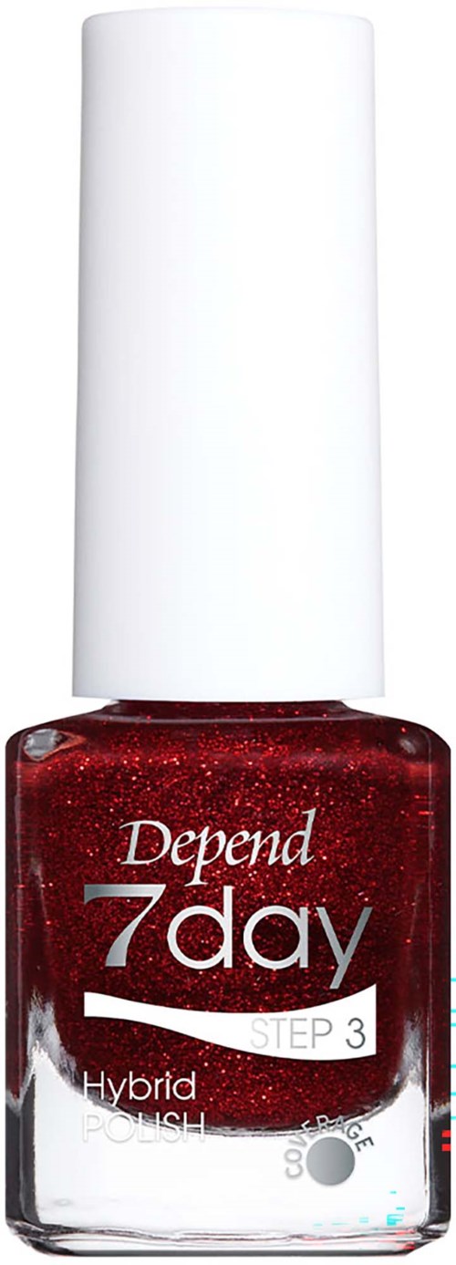 Rote Glitzer-Nagellackflasche von Depend 7day, mit Step 3 Hybrid Posh beschriftet. Weißer Deckel und klare Basis.