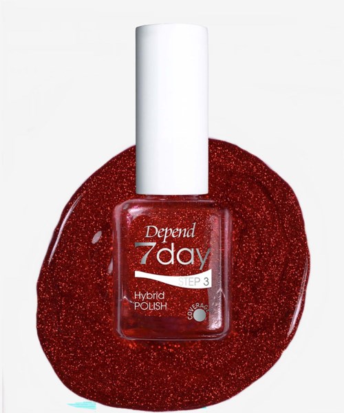 Rote Nagellackflasche mit Depend 7day step 3 Hybrid polish auf rotem glitzerndem Hintergrund.