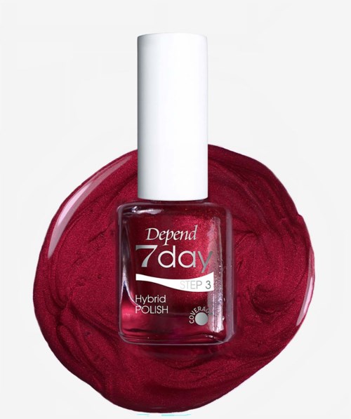 Rote Nagellackflasche mit Depend 7day Step 3 Hybrid Polish auf einem gewirbelten Nagellackhintergrund.