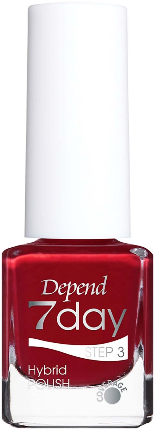 Eine rote Depend 7day Hybrid Nagellackflasche mit weißem Deckel und Etikett, zeigt Schritt 3.
