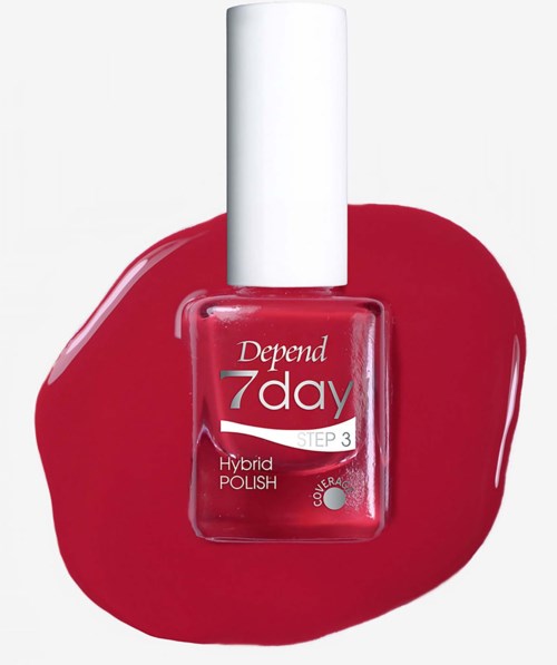 Rote Nagellackflasche mit Depend 7day, Schritt 3, Hybrid Polish, auf einem roten Nagellackstrich.