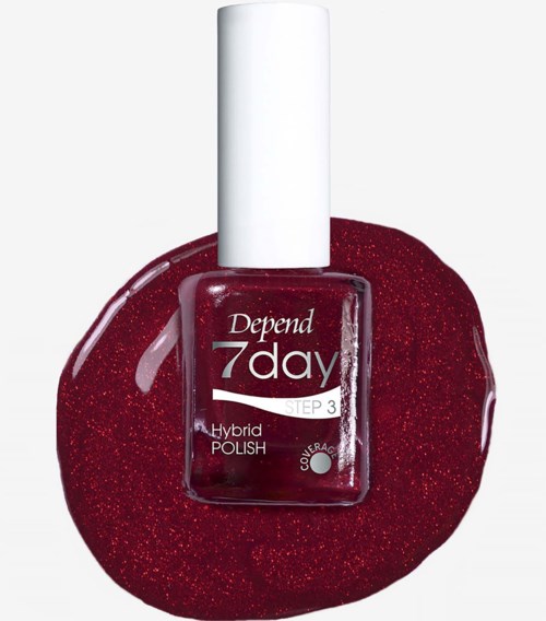 Rote Nagellackflasche mit Depend 7day Hybrid Polish Step 3 auf einer roten glitzernden Fläche.