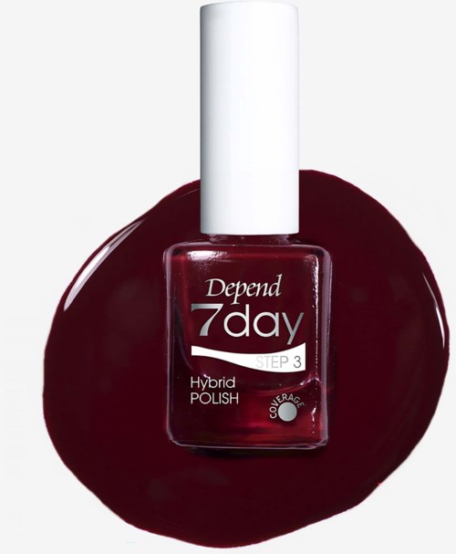Burgunderfarbener Depend 7 day Hybrid Nagellack mit weißer Kappe auf weißem Hintergrund, umgeben von getropftem Nagellack.