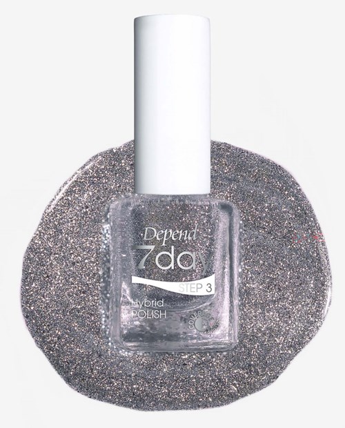 Eine klare Flasche Depend 7 day hybrid Nagellack auf einem funkelnden Silberhintergrund.