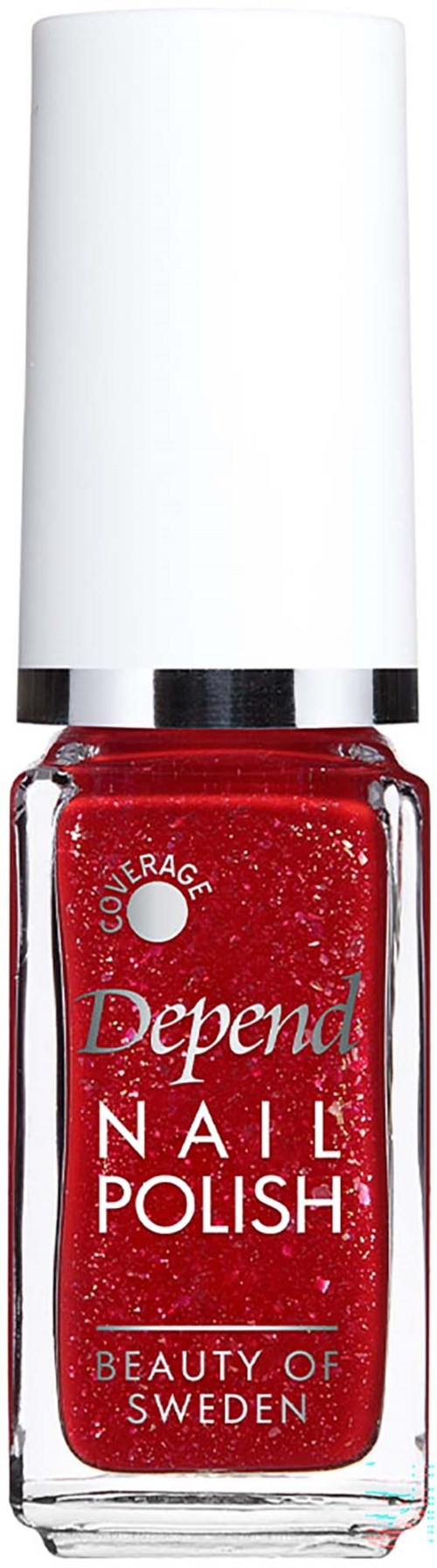 En rød neglelakflaske med hvid hætte fra Depend, mærket som Nail Polish af Beauty of Sweden.