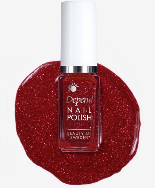 Rød neglelakflaske med hvid hætte på rød glitterplet, mærket Depend Nail Polish og Beauty of Sweden.