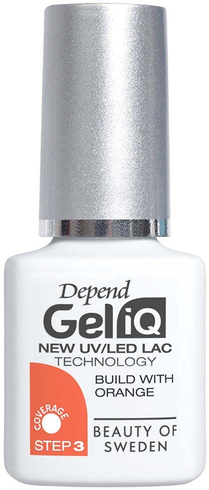 A white bottle with a silver cap labeled GeliQ, orange feature, and information about UV/LED technology and Swedish origin.
