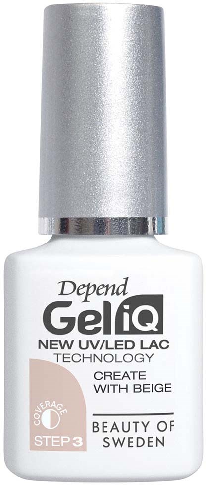 Vit nagellacksflaska med silverlock och svart, grått och beige text. Den nämner UV/LED-teknik och beige färg.