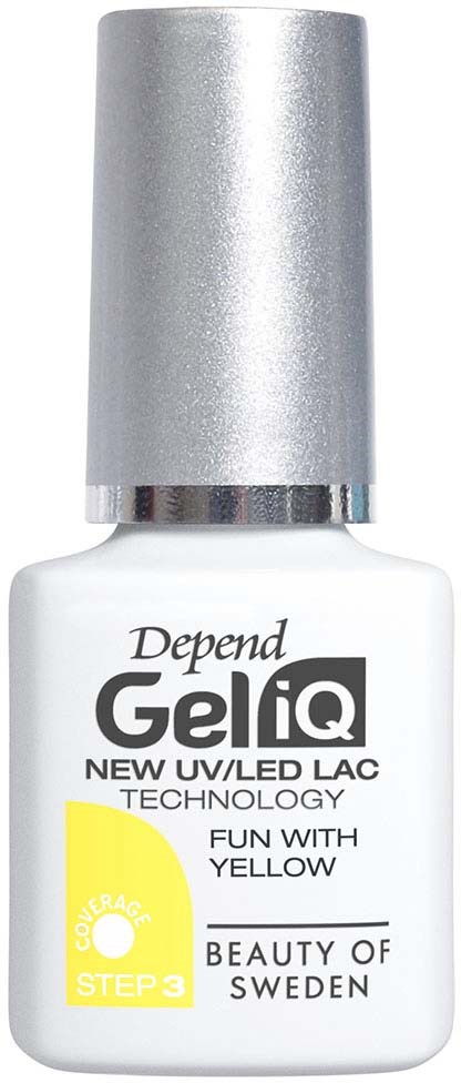 White nail polish bottle with silver cap, labeled 'GEL iQ' and mentions UV/LED technology and yellow glow.