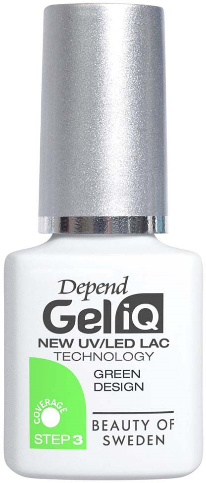 White nail polish bottle with silver cap, labeled Depend GeliQ, green design, and mentions UV/LED technology.