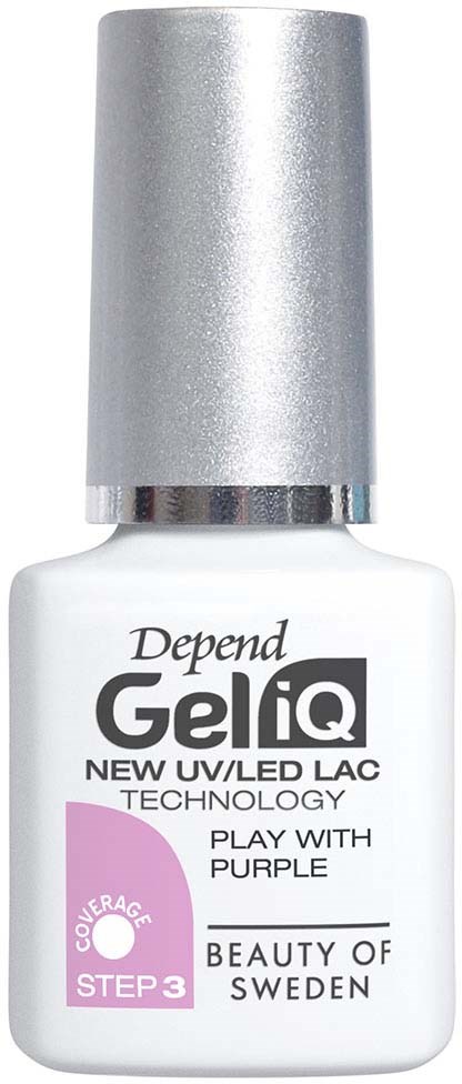White nail polish bottle with silver cap, labeled "Depend Gel iQ" and purple play symbol, mentions UV/LED technology.