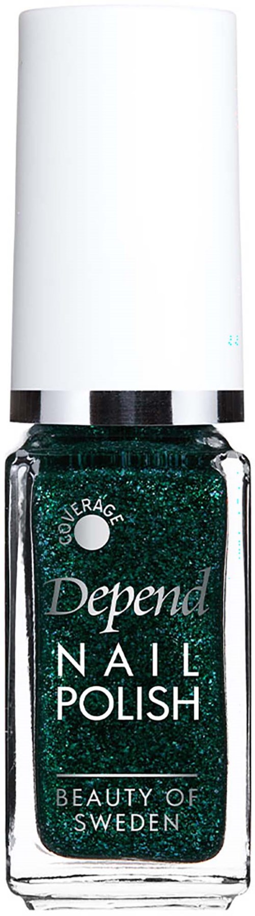 Nærbillede af en grøn glitter neglelakflaske med hvid låg, mærket Depend Nail Polish af Beauty of Sweden.