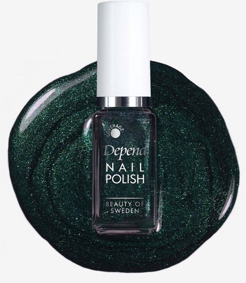 Mørkegrøn neglelak med glitter i klar flaske med hvid låg, sat mod en matchende glitter baggrund.