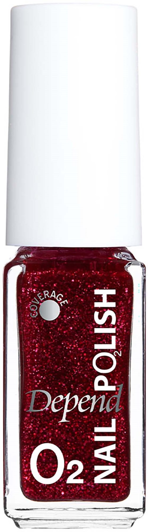 Rød glitter neglelak i en klar flaske med hvid låg, mærket Depena O2 Nail Polish.