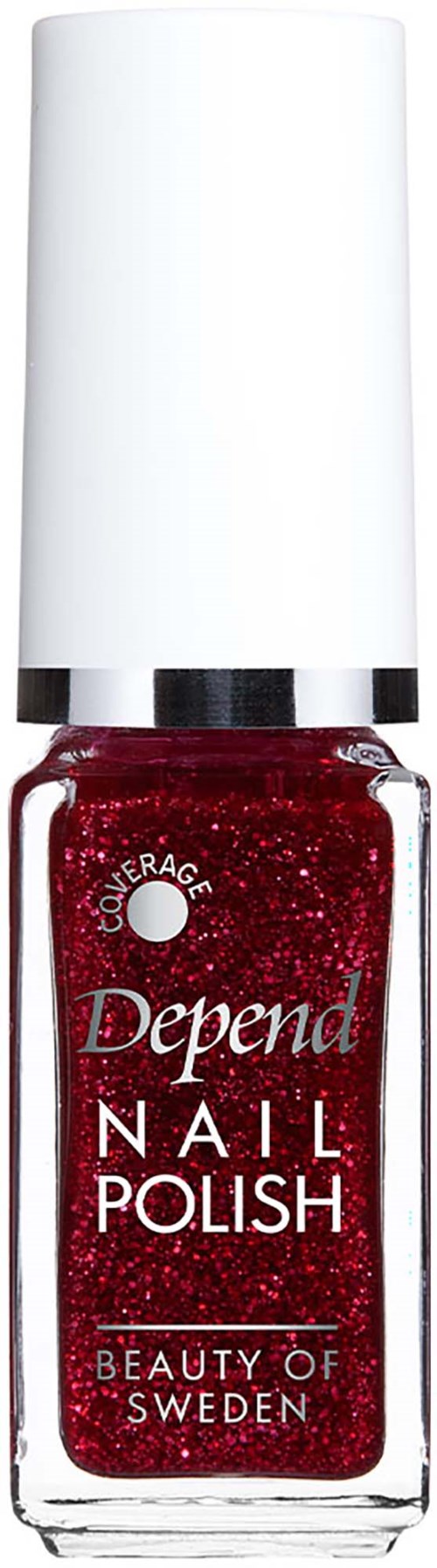 En flaske rød neglelak med hvid låg, mærket Depend Nail Polish af Beauty of Sweden.