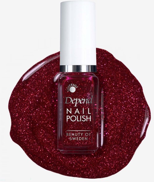 Flaske med Depend neglelak med rød glitter på en matchende glitterbaggrund.