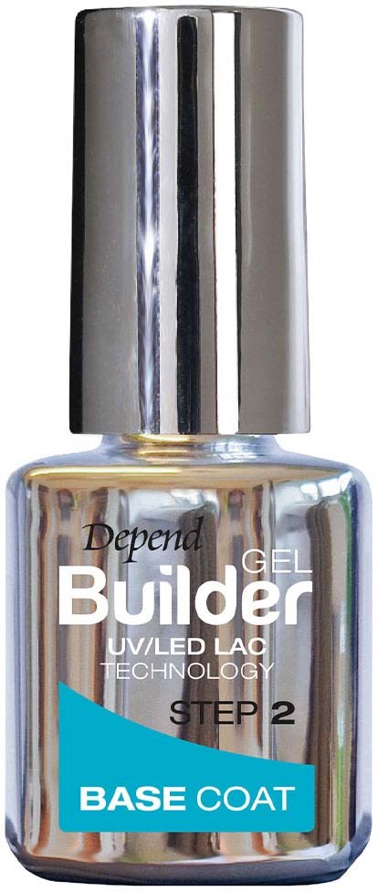 A shiny silver bottle of gel nail polish labeled 'Build Gel,' 'Base Coat,' with a silver cap.