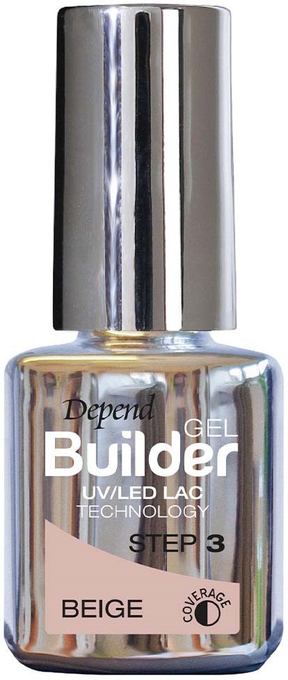 En silver nagellackflaska märkt 'Builder Gel' i beige färg, med ett metalliskt lock och UV/LED-teknik.