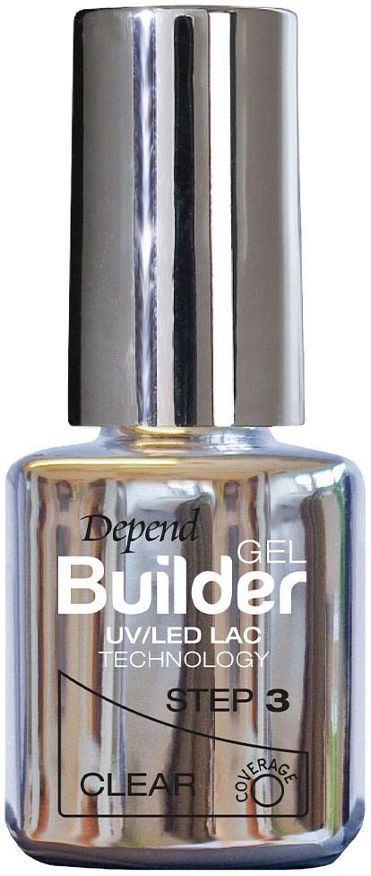 Harmaa, heijastava pullo, jossa lukee 'Builder Gel', käytetään kynsilakan geelityöhön.
